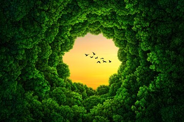Nature landscape green tree canopy birds flying sunset peaceful scenic environment