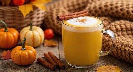 Close-up of a warm pumpkin spice latte with cinnamon sticks on a wooden table, surrounded by fall decorations, stock photography style.
