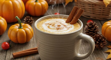 Cozy autumn setting with a pumpkin spice latte in a rustic mug, surrounded by seasonal decorations like pine cones, acorns, and a plaid scarf, stock photography style.
