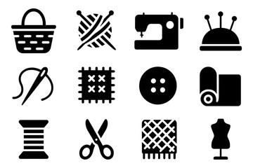 Essential sewing icons collection: tools, materials, and equipment in bold silhouette style