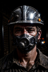 Portrait of a miner wearing a protective helmet and respirator mask in an industrial environment