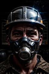 Portrait of a miner wearing a protective helmet and respirator mask in an industrial environment