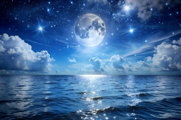 Photo of a vast ocean under a starry night sky with a bright full moon reflecting on the water