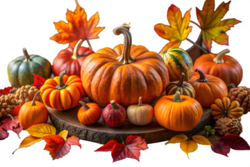 A vibrant assortment of pumpkins and gourds with colorful autumn leaves arranged on a rustic wooden slice isolated on transparent background