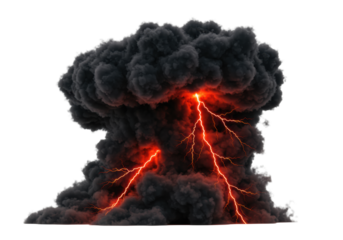 Colossal, turbulent dark charcoal-grey and black smoky clouds with swirling tendrils, illuminated by fiery red and deep orange lightning against a stark white background, isolated, raw elemental power