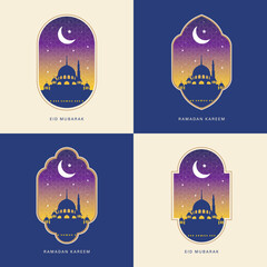 Vector illustration of modern style Ramadan Kareem and Eid Mubarak greeting cards. Windows and arches with moon, mosque dome and Islamic pattern
