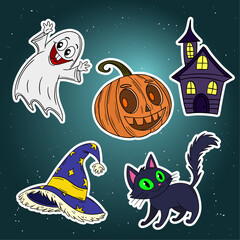 Halloween set stickers collection with cute elements and characters. October magical festival