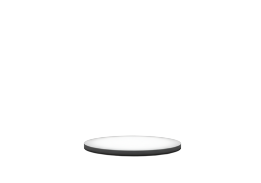 Powerful conical spotlight beam with visible rays illuminates a transparent circular platform, isolated against absolute blackness. Study of light and shadow concept