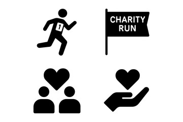 Charity run symbols: running, community, and giving icons