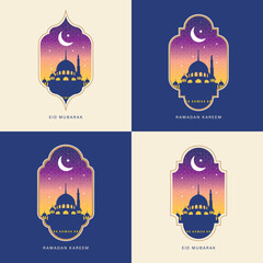 Vector illustration of modern style Ramadan Kareem and Eid Mubarak greeting cards. Windows and arches with moon, mosque dome and Islamic pattern