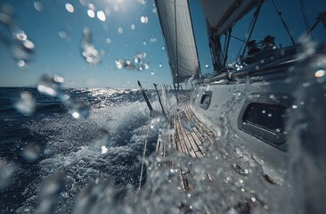 Elegant Sailboat Detail with Sunlit Shadows, Wooden Texture, and Water Spray Capturing Ocean Motion