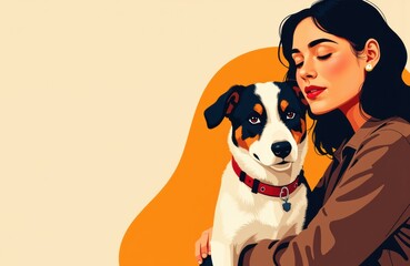 Woman with dark hair and closed eyes cuddles a small dog with black, white, and brown fur against a beige background with orange shape