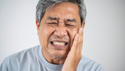 Obraz premium Close-up portrait of senior man grimacing in pain and holding his cheek