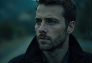 Obraz premium A contemplative man gazes into the distance with an intense expression