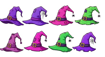 Naklejka premium Colorful cartoon witch hats collection