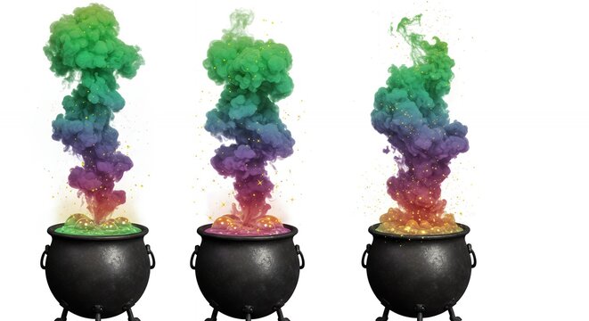 Colorful smoke rising from black cauldrons