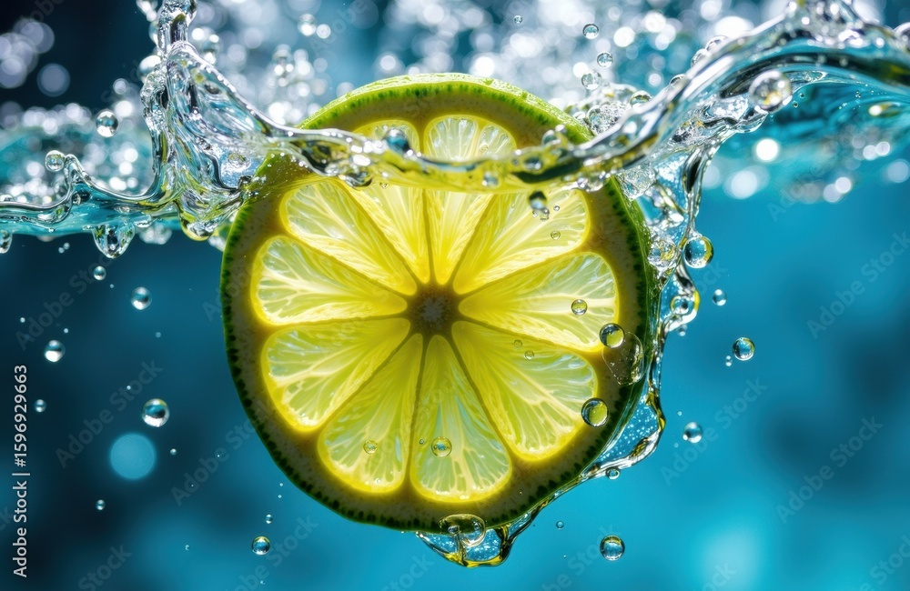 Aufkleber lemon slice submerged in water creating splash and bubbles with vibrant blue background