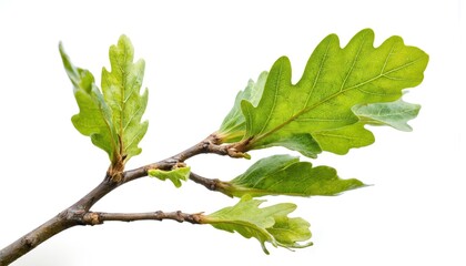 Naklejka premium Close-up of new oak leaves unfurling from a budding branch, highlighting spring growth. Delicate green foliage against a clean white background, emphasizing natural beauty and detail.