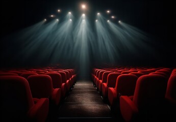 Empty Cinema with Red Seats and Spotlight – Quiet Theater Ambience Before Movie Screening in Classic Film Venue with Afternoon Light
