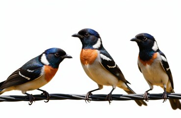Fototapeta premium Three colorful birds perched on a wire against a white background