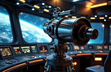 Fototapeta premium A high-tech telescope inside a spacecraft cockpit viewing the Earth from space
