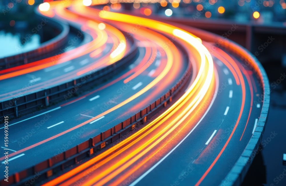 Poster light trails of moving vehicles on a curved highway at night creating dynamic motion effects