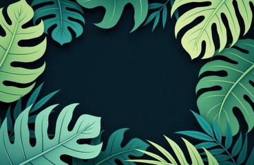 Vibrant tropical leaves arranged in a circular frame with a dark central space, suitable for design and background use