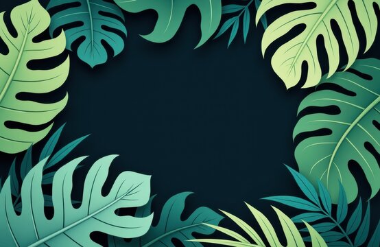 Vibrant tropical leaves arranged in a circular frame with a dark central space, suitable for design and background use
