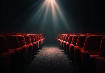 Empty Cinema with Red Seats and Spotlight – Quiet Theater Ambience Before Movie Screening in Classic Film Venue with Afternoon Light