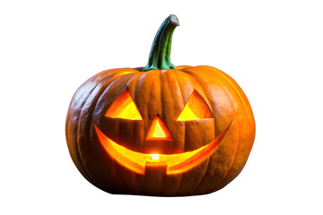 A classic carved pumpkin jackolantern with a glowing candle inside, isolated on a transparent background
