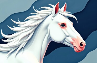 A majestic white horse with flowing mane set against a stylized blue background