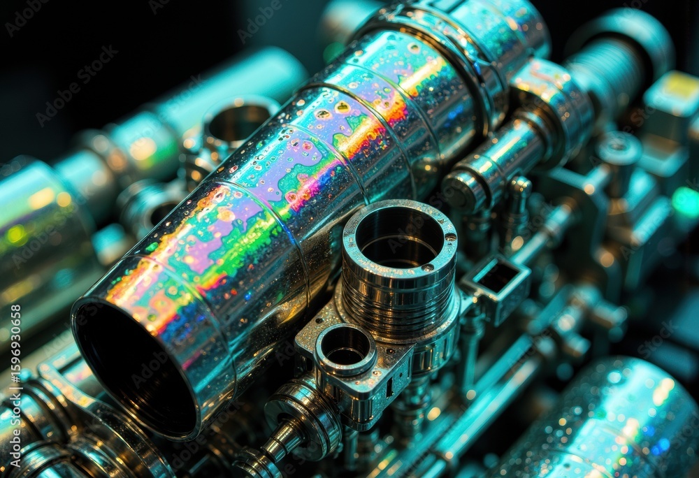 Poster close-up of a high-tech optical device with a colorful, reflective lens and metallic components