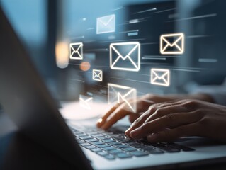 AI chatbot interface managing emails on laptop used by professional in business office, automating inbox communication, enhancing productivity and streamlining workflow with smart assistant technology
