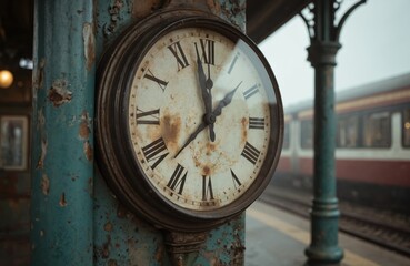 Fototapeta premium Vintage station clock face with Roman numerals marks time, weathered by years. Located on weathered pillar at train station platform. Old train blurred in background. Classic timekeeping, retro