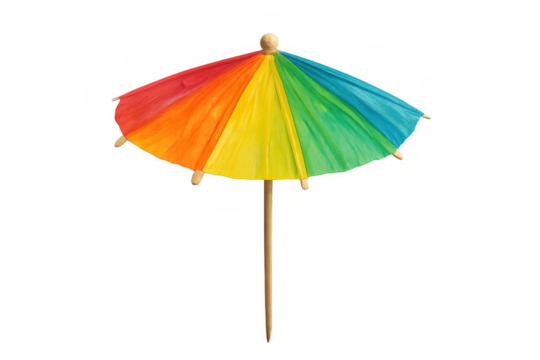 Small colorful cocktail umbrella isolated on transparent background, perfect for summer cocktails and beach parties