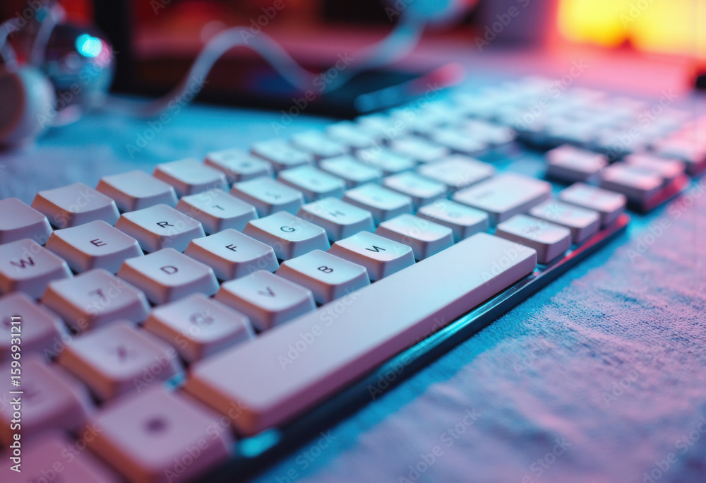 Poster close-up of a modern computer keyboard with colorful ambient lighting