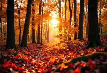 Fototapeta premium Warm autumn forest scene with sunlight filtering through colorful fall leaves