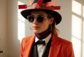 Stylish woman wearing sunglasses and a hat with sale tags, promoting fashion