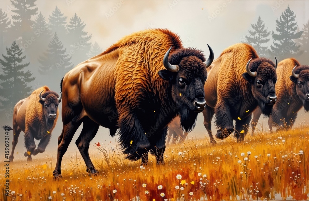 Poster a herd of bison grazing in a misty forest clearing with tall trees in the background