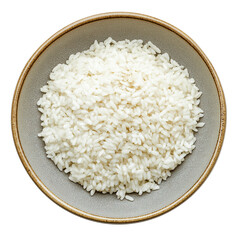 A serving of cooked white rice neatly arranged on a silver flat plate, isolated on a white background or transparent PNG.
