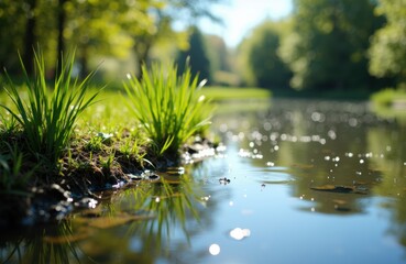 Green grass growing along the edge of a calm river in a lush natural setting