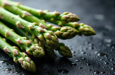 Fresh green asparagus spears lying on a wet dark surface, close-up with water droplets