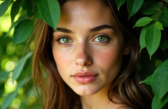 Close-up portrait of a young woman with green eyes surrounded by lush green leaves