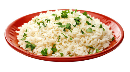 A serving of cooked white rice with cutting vegetables  neatly arranged on a red flat plate, isolated on a white background or transparent PNG.
