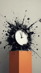 Exploding clock shows dynamic time concept. Black liquid splatters, shattering fragments. Abstract, surreal design with dramatic force impact. Modern wallpaper or decor.