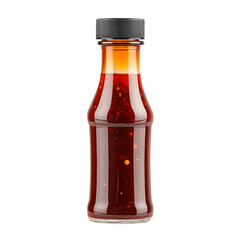A glass bottle filled with hot red chili sauce, sealed with a golden lid, isolated on a white background or transparent PNG.
