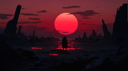 Naklejka premium Crimson sunset over a desolate post-apocalyptic landscape.