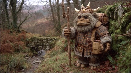Fluffy creature hiking in forest