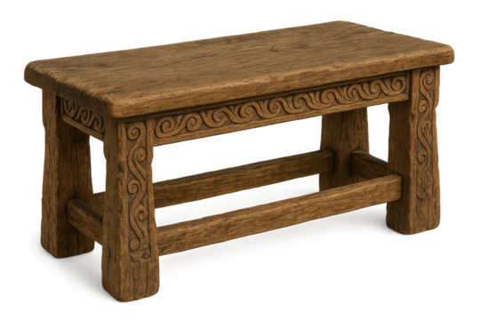 Small wooden bench featuring celtic decorations, isolated on a transparent background, perfect for interior design or historical projects
