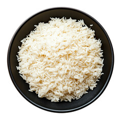 A serving of cooked white rice neatly arranged on a black flat plate, isolated on a white background or transparent PNG.
